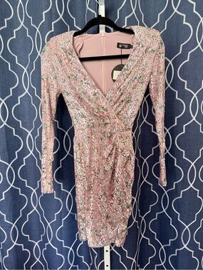 Nookie Pink Sequin Wrap V-Neck Long Sleeve Dress Sz XS NWT E18